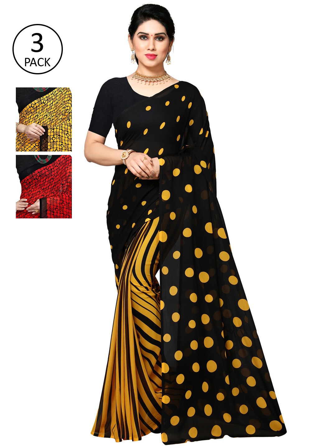 

KALINI Women Pack of 3 Printed Sarees, Red