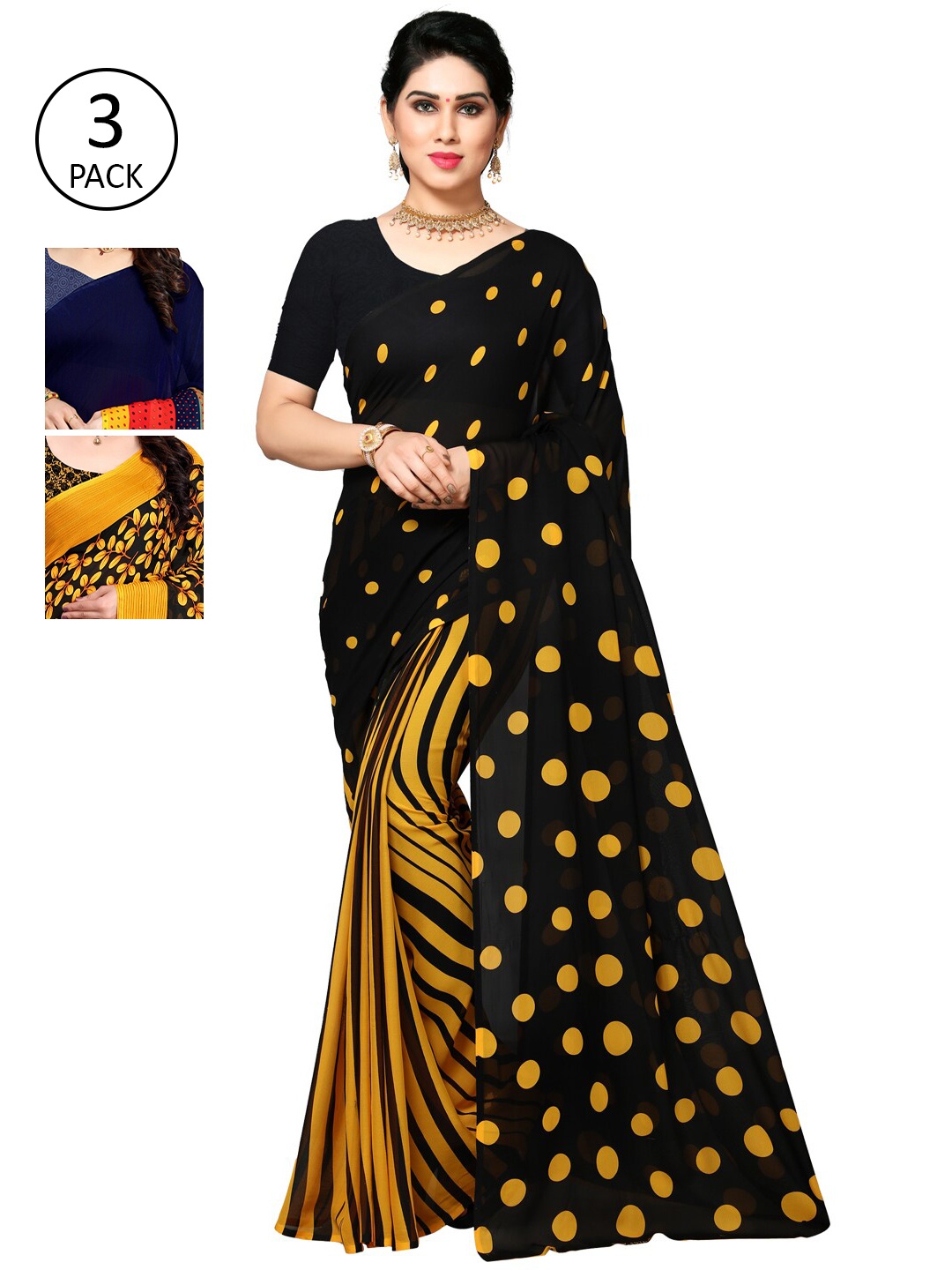 

KALINI Pack Of 3 Printed Sarees, Black