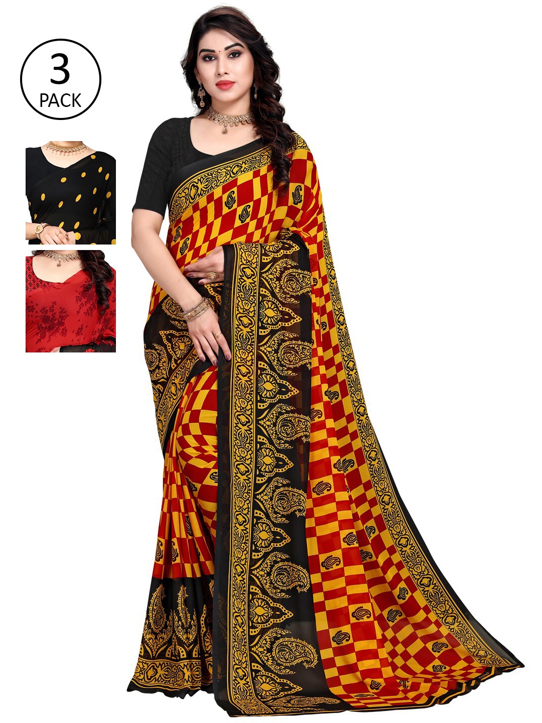 

KALINI Women Pack of 3 Printed Sarees, Black