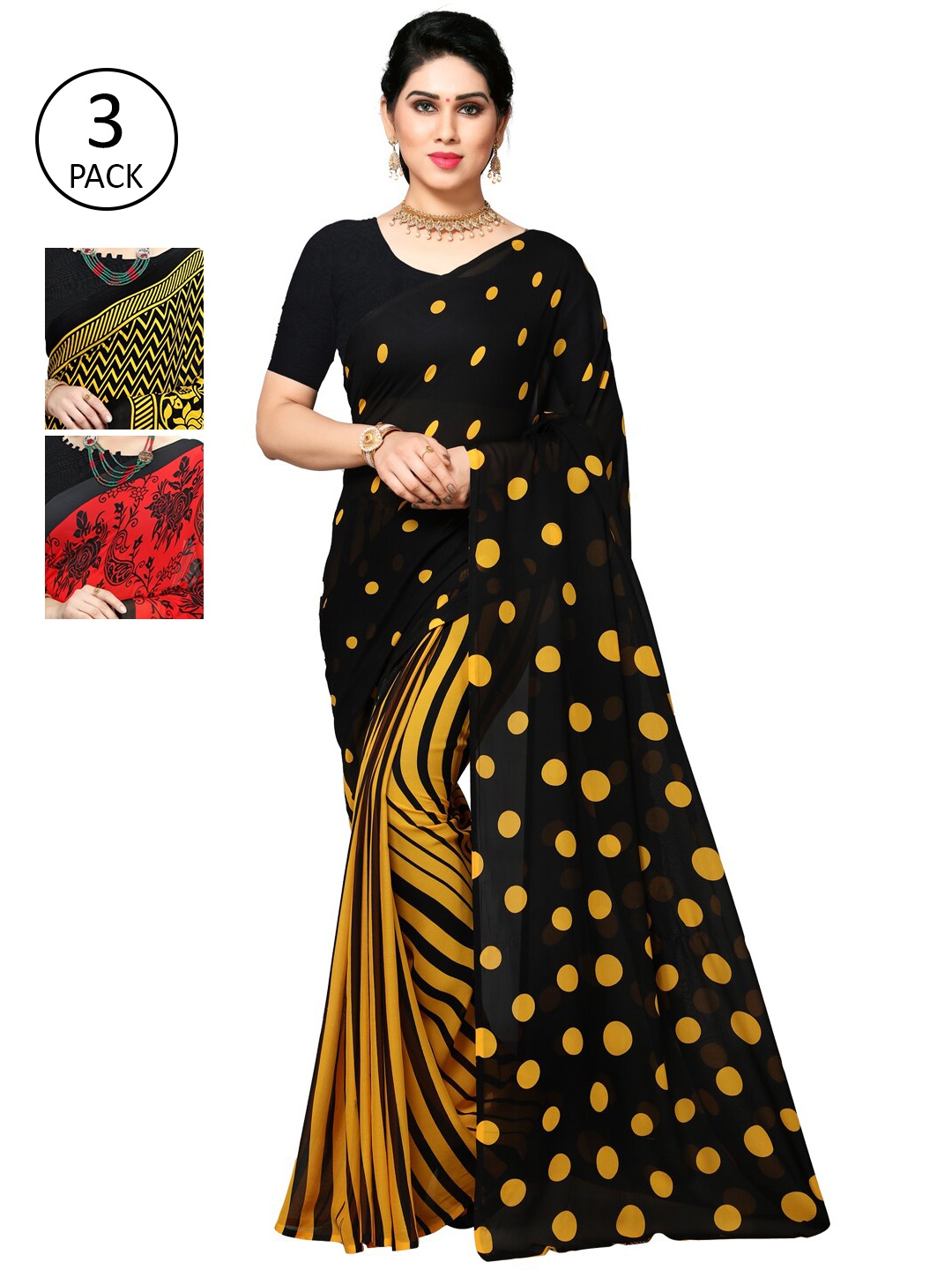 

KALINI Pack of 3 Poly Georgette Printed Sarees, Mustard