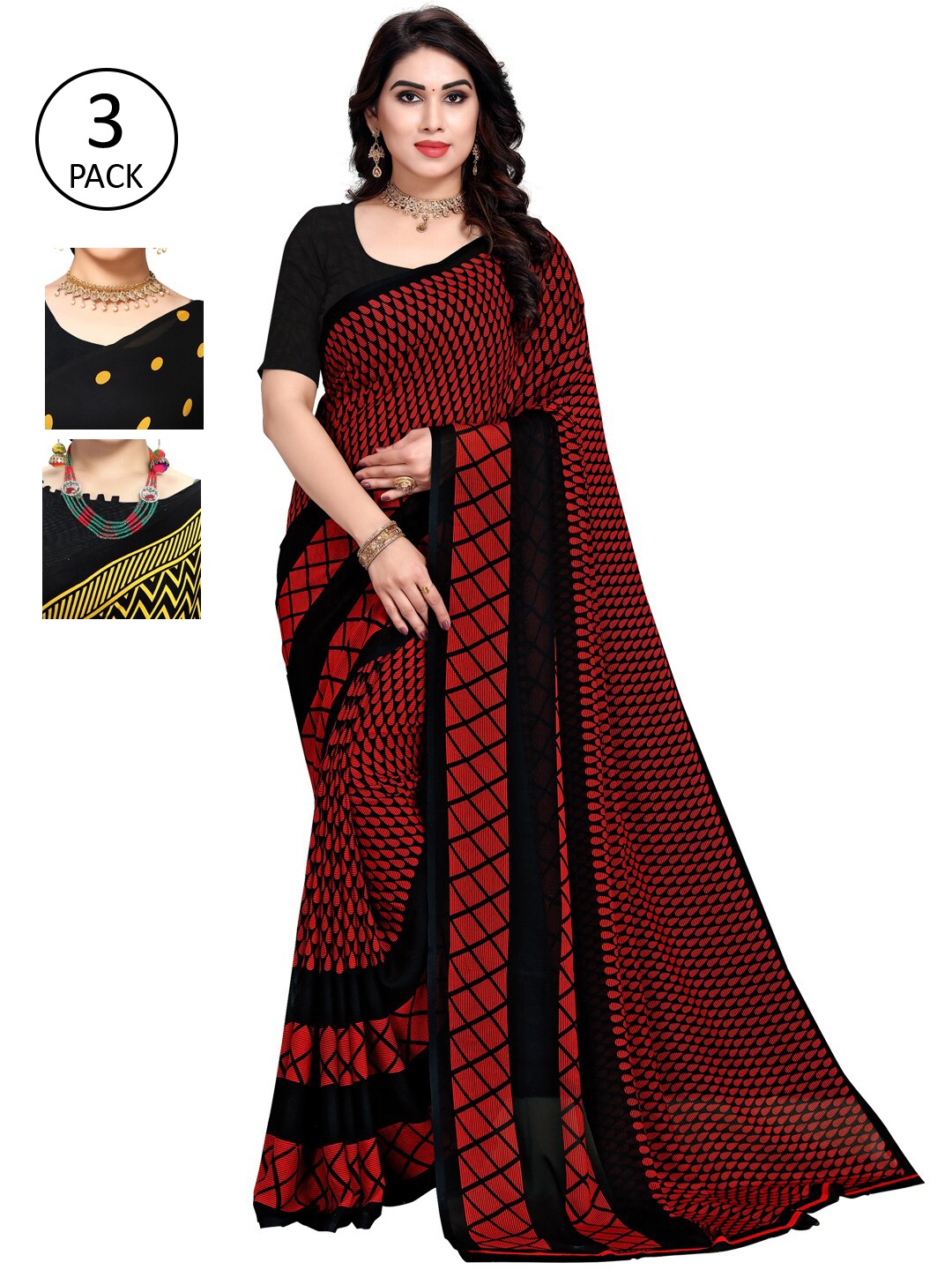 

ANAND SAREES Yellow & Black Pack of 3 Printed Saree
