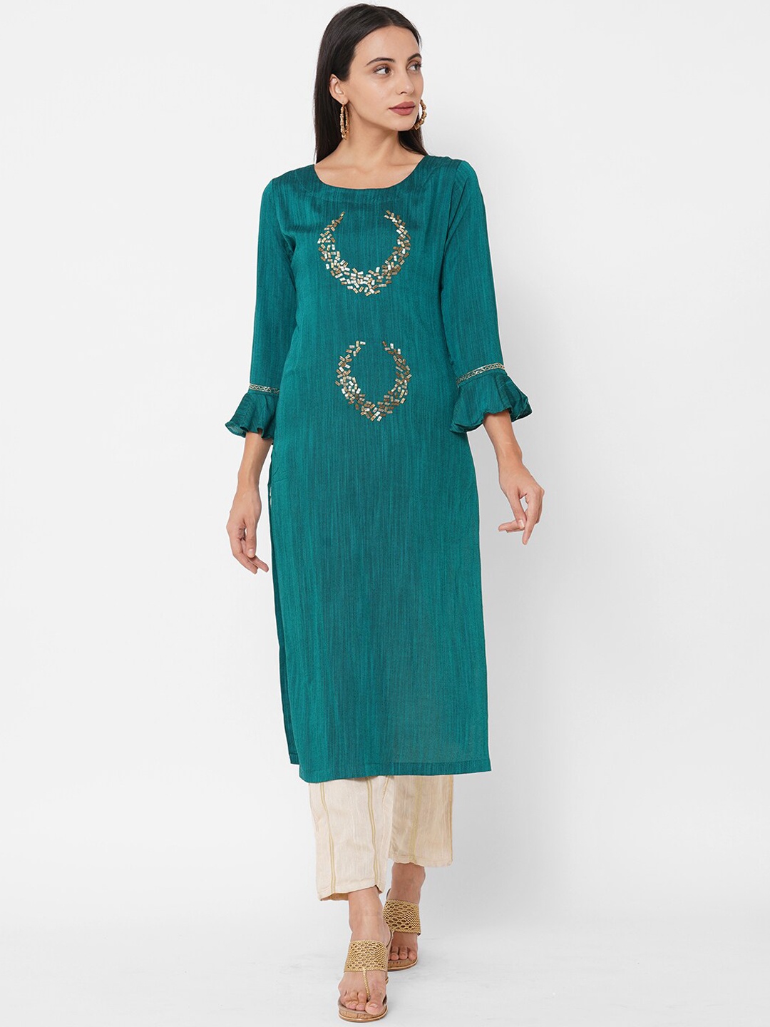 

FASHOR Women Sea Green Embroidered Bell Sleeves Mukaish Kurta
