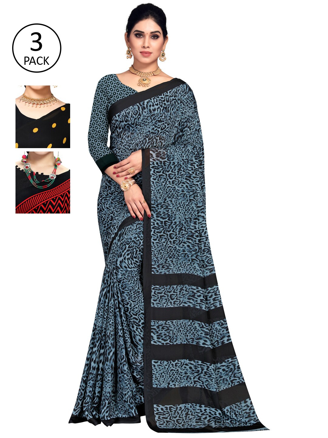 

KALINI Blue & Black Pack of 3 Printed Saree