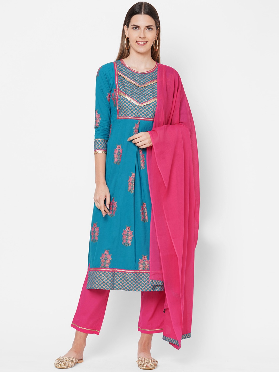 

FASHOR Women Turquoise Blue Ethnic Motifs Printed Kurta with Trousers & Dupatta