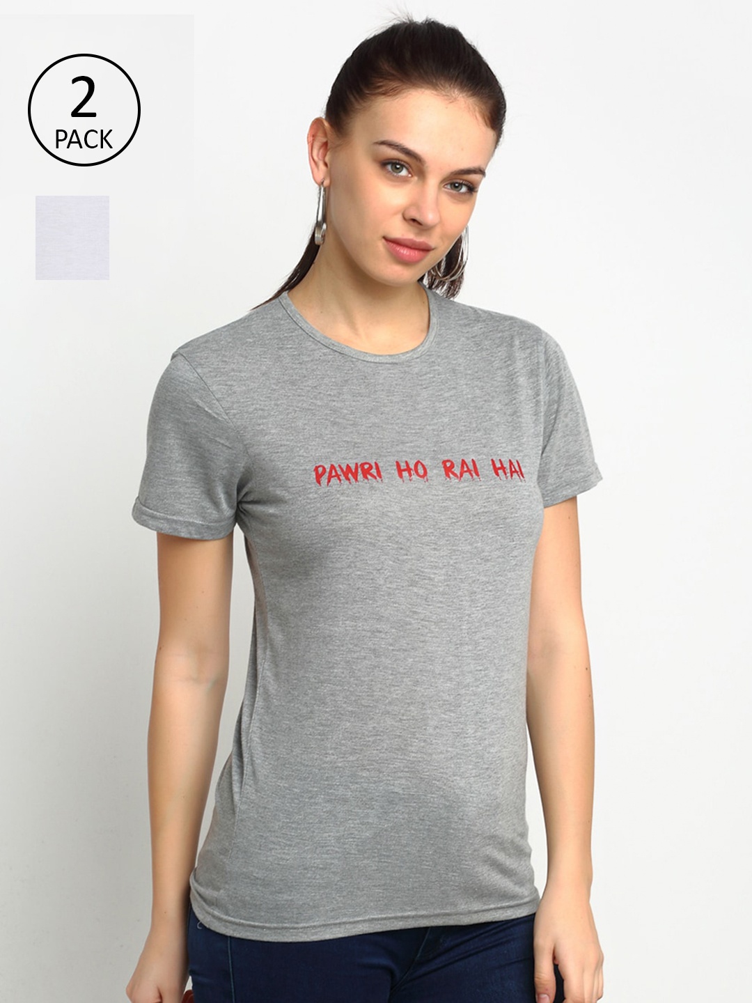 MACK JONNEY Women Pack of 2 Typography Printed T-shirt, Grey