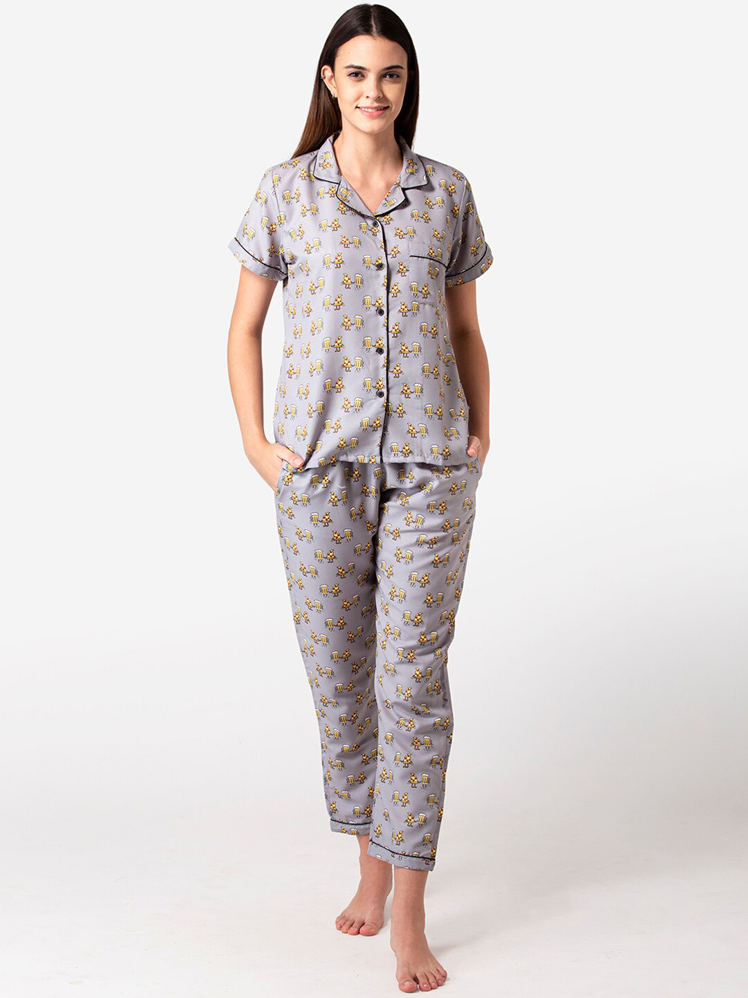 

Bellofox Women Grey & Yellow Printed Night suit