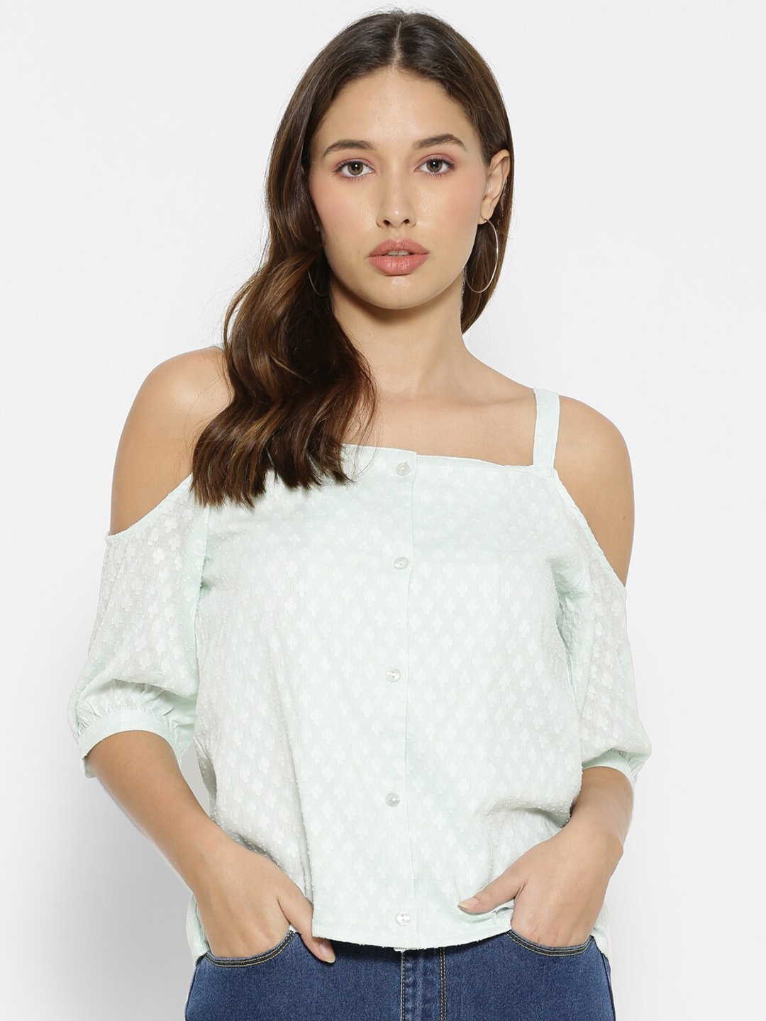 

FOREVER 21 Women Sea Green Bardot Top