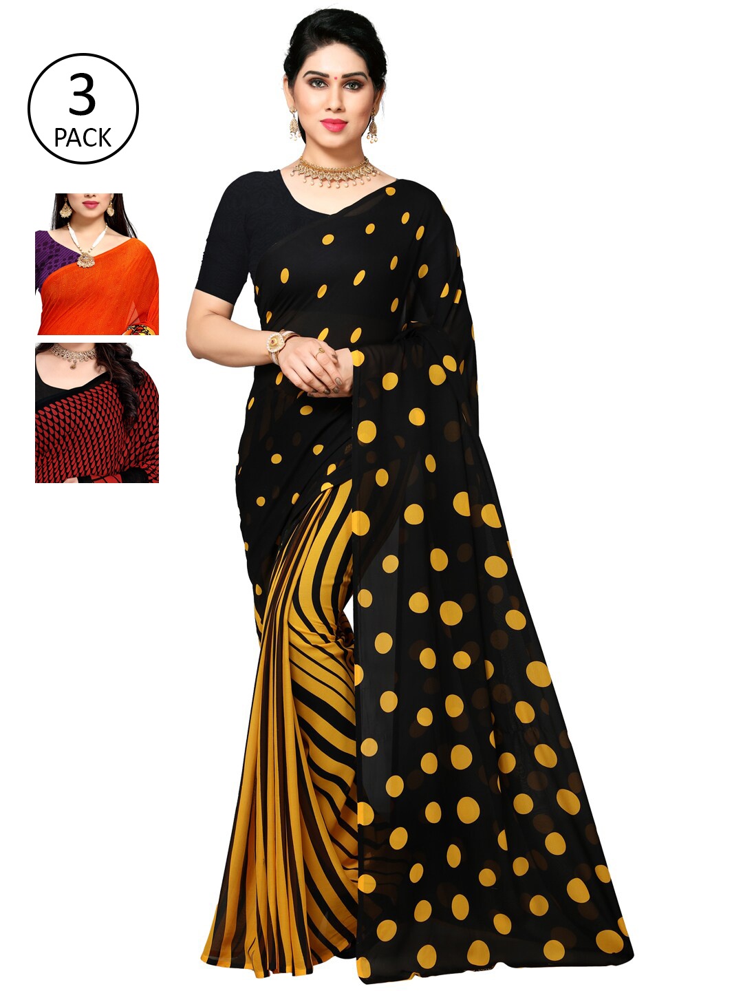 

KALINI Pack Of 3 Printed Sarees, Yellow