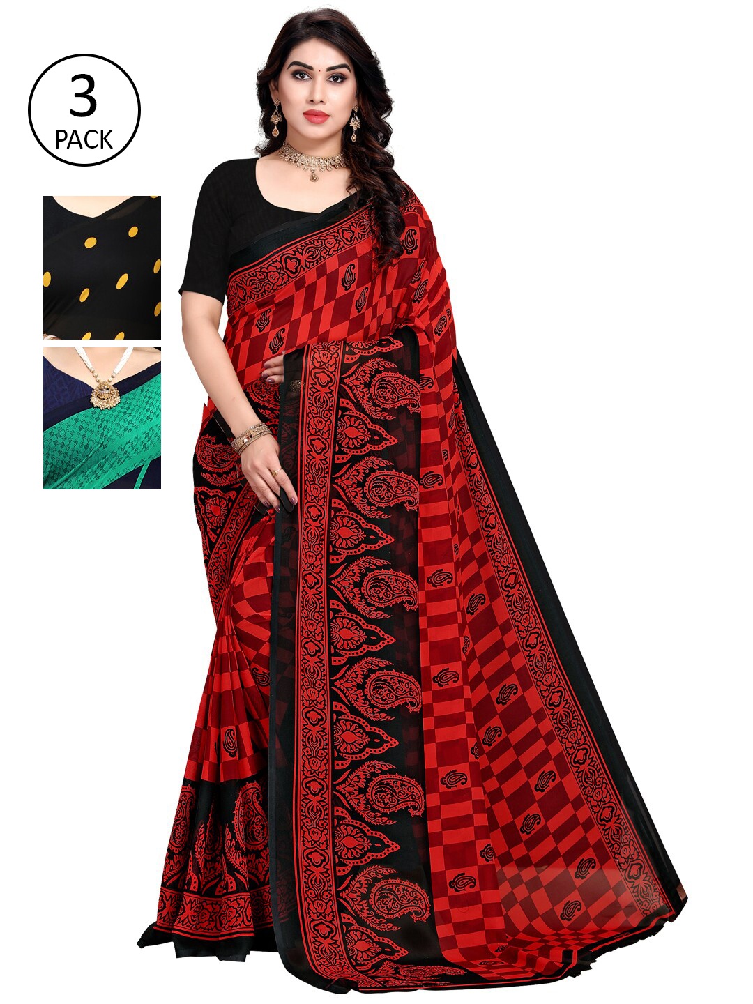 

KALINI Multicoloured Set of 3 Poly Georgette Saree, Multi