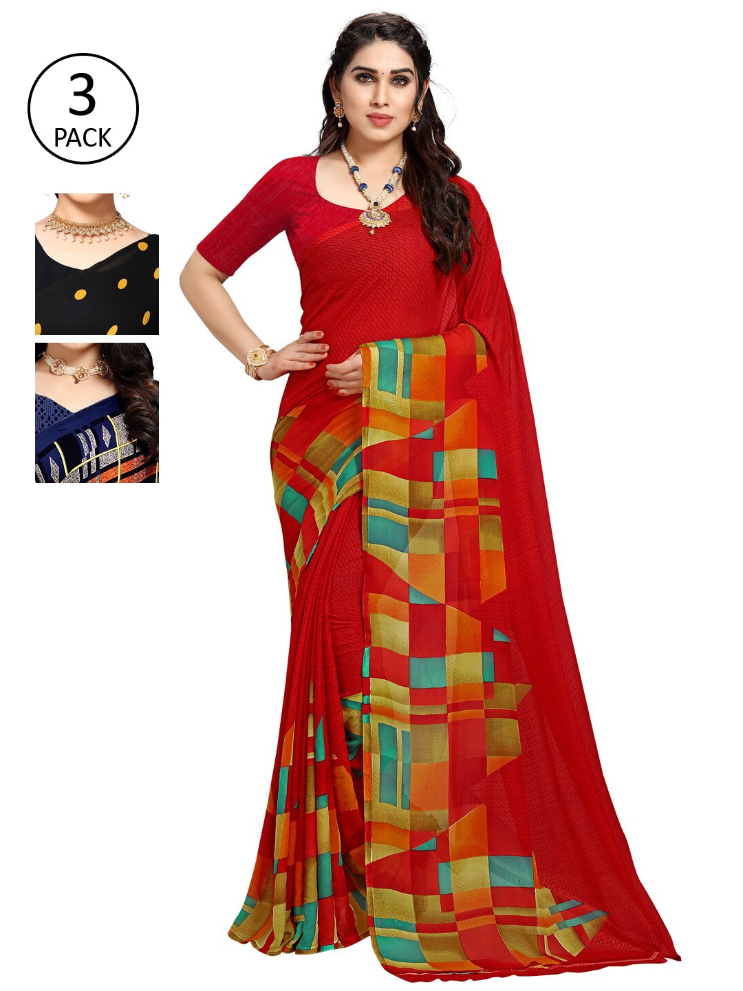 

KALINI Multicoloured Set of 3 Poly Georgette Saree, Multi