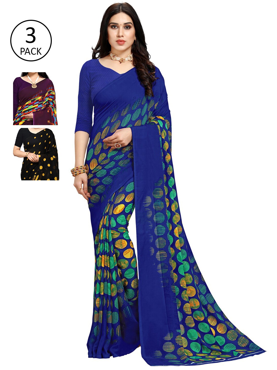 

KALINI Pack Of 3 Printed Sarees, Blue