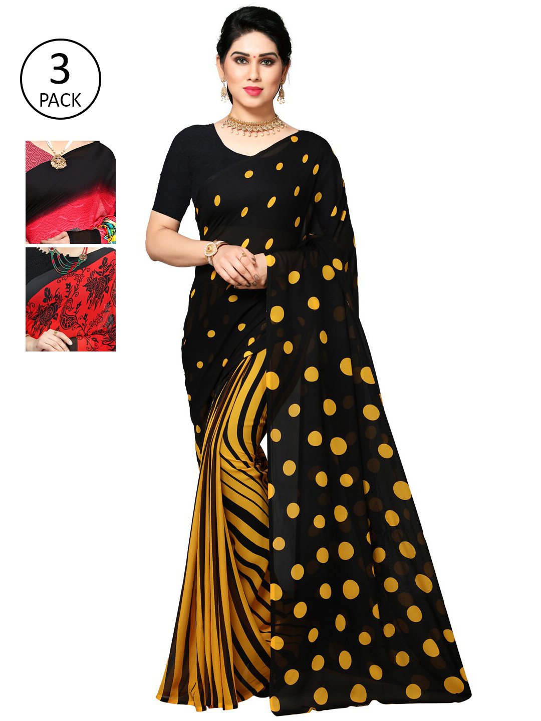 

KALINI Pack of 3 Printed Poly Georgette Saree, Multi