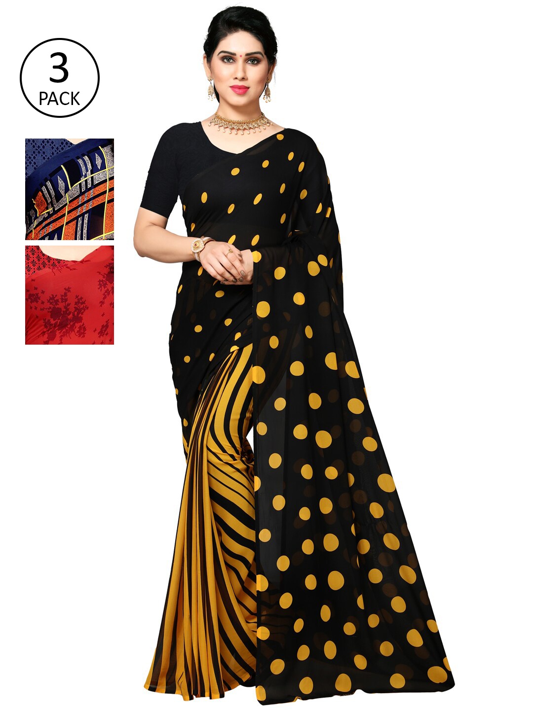 

KALINI Pack Of 3 Printed Sarees, Black