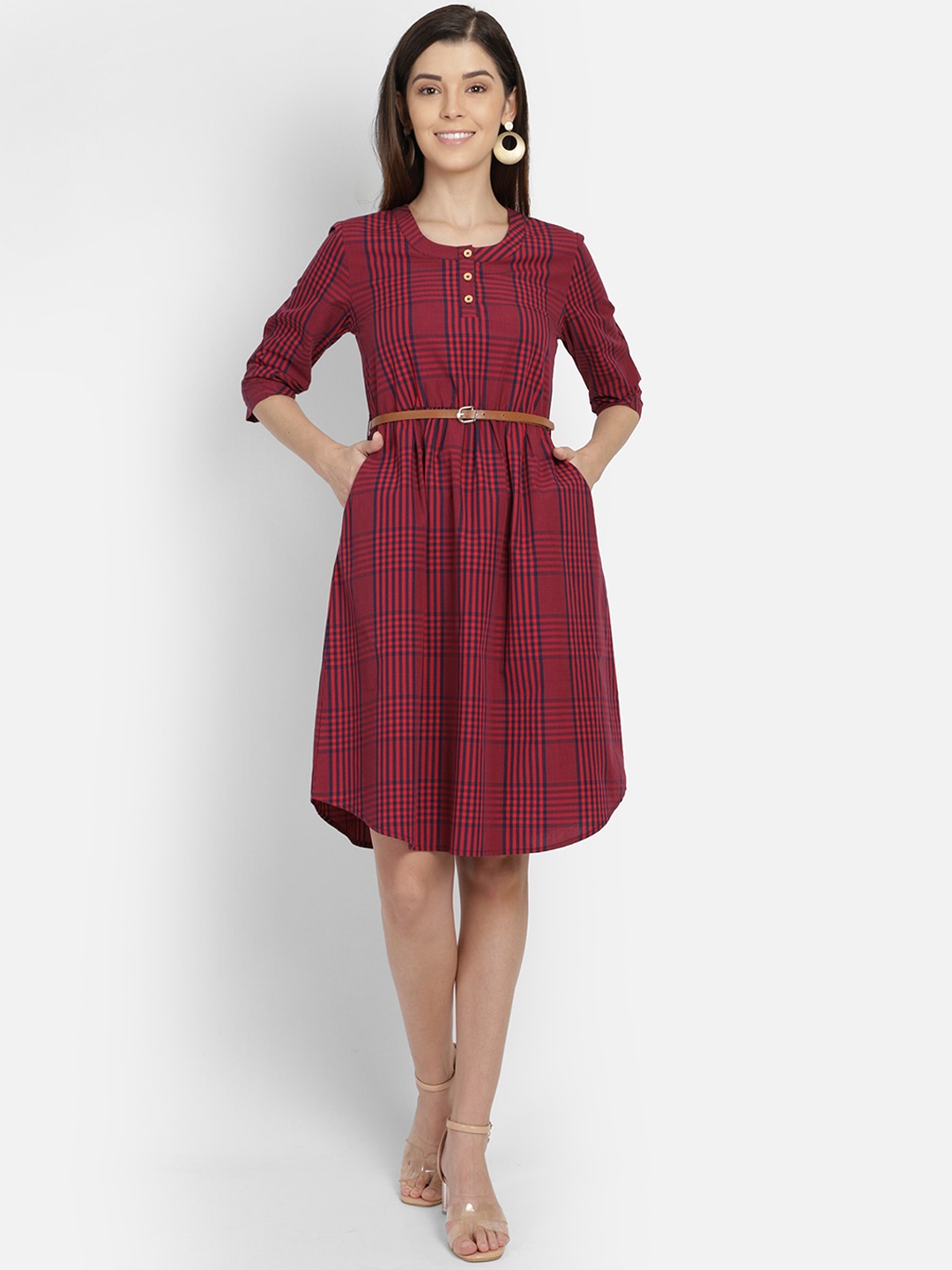 

Yaadleen Maroon & Blue Checked A-Line Dress