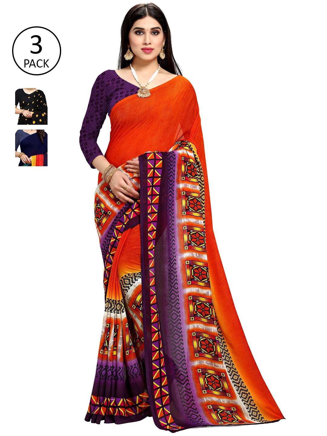 

KALINI Pack Of 3 Yellow & Black Poly Georgette Saree