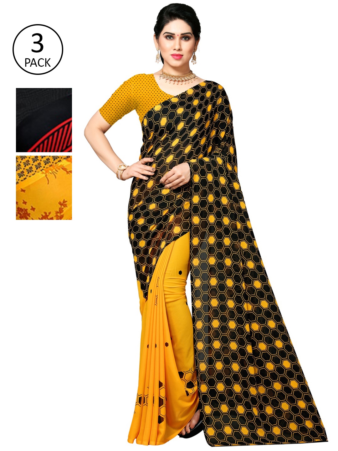 

KALINI Black & Red Floral Pack of 3 Saree