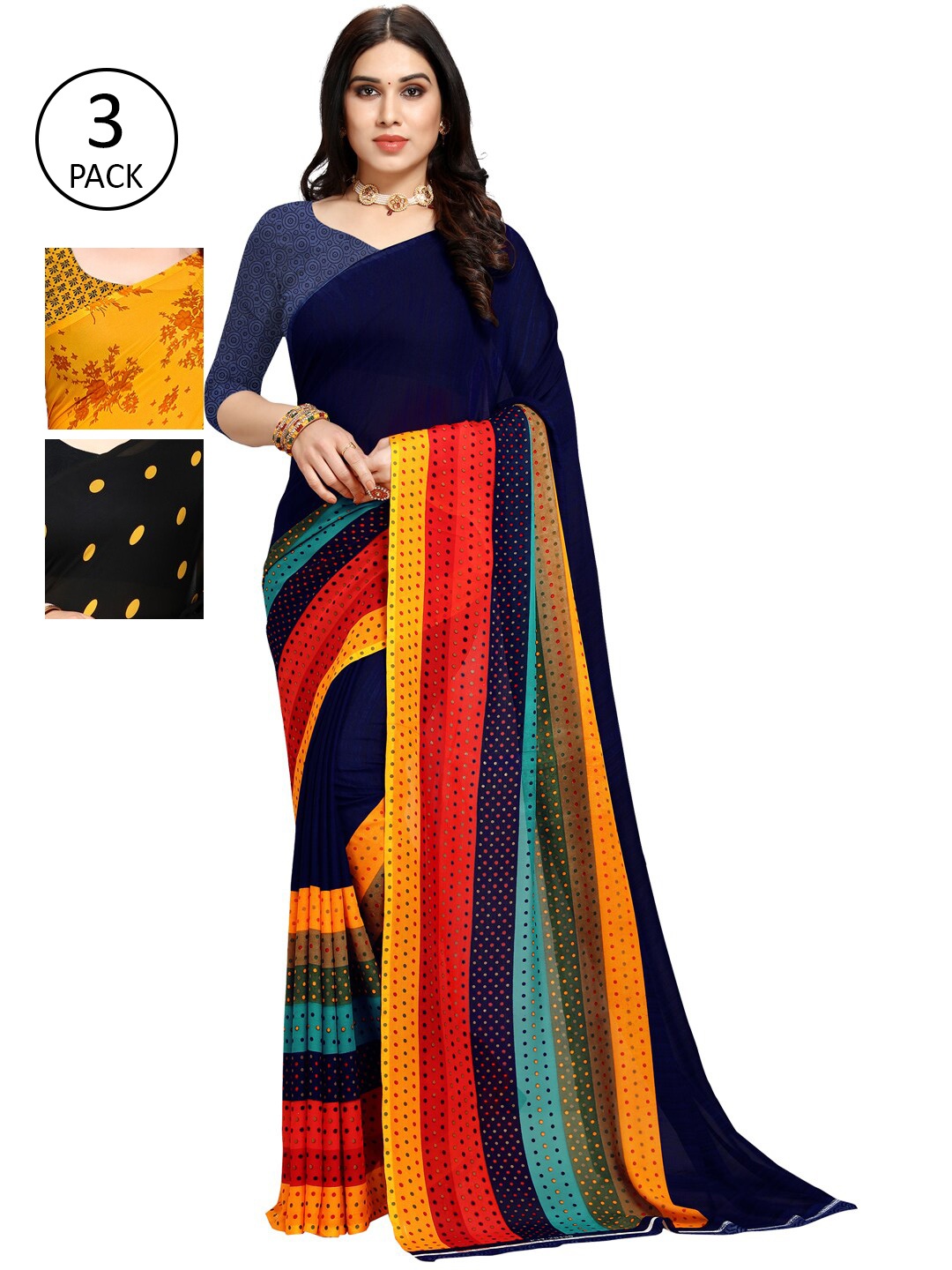 

KALINI Pack of 3 Printed Poly Georgette Saree, Multi