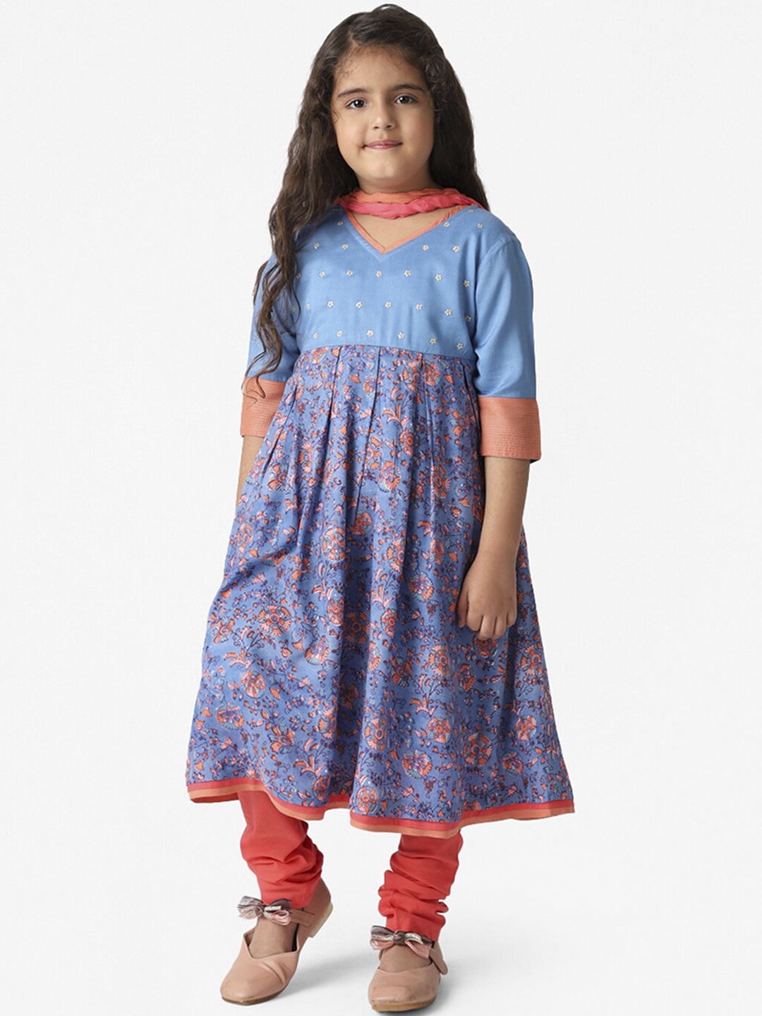 

Fabindia Girls Blue Printed A-Line Kurta with Churidar & Dupatta