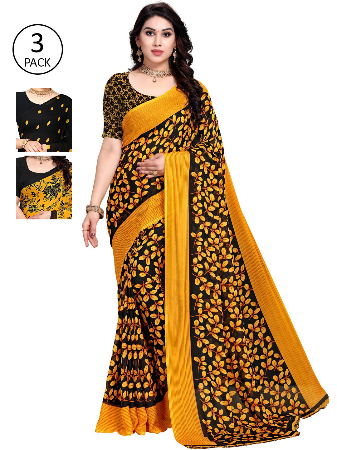 

KALINI Yellow & Black Floral Pack of 3 Printed Saree