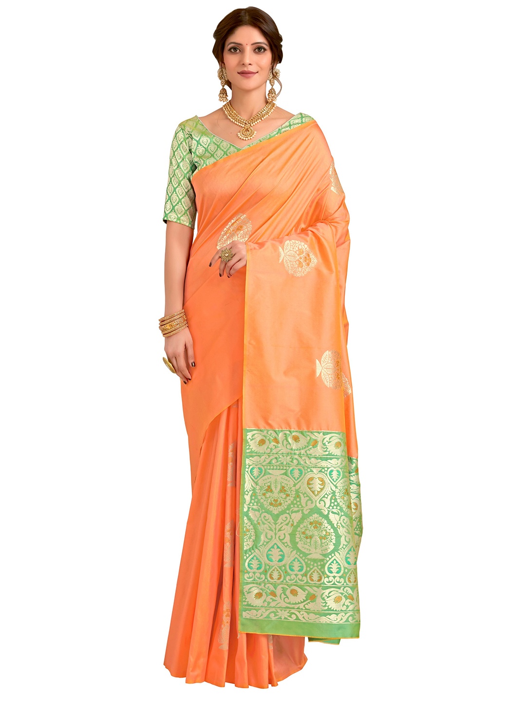 

SARIYA Peach & Green Pack of 2 Ethnic Motifs Zari Silk Blend Banarasi Saree