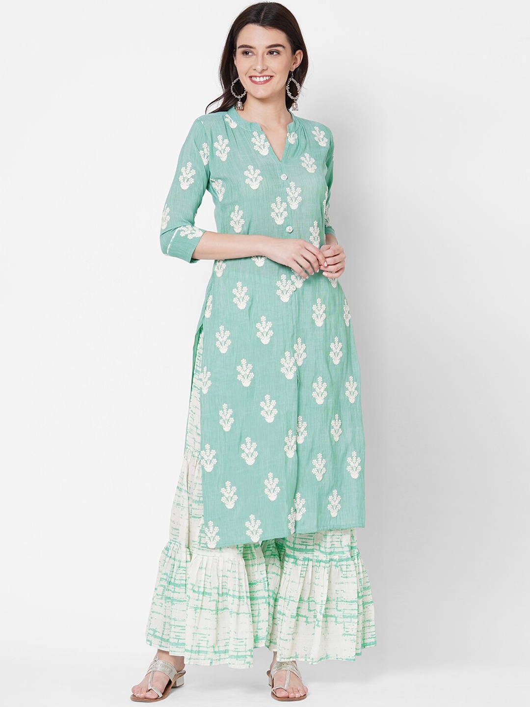 

FASHOR Women Green Ethnic Motifs Printed Regular Kurta with Sharara