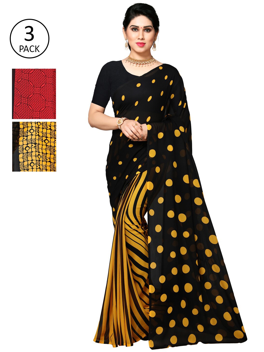 

KALINI Women Pack of 3 Printed Poly Georgette Sarees, Red