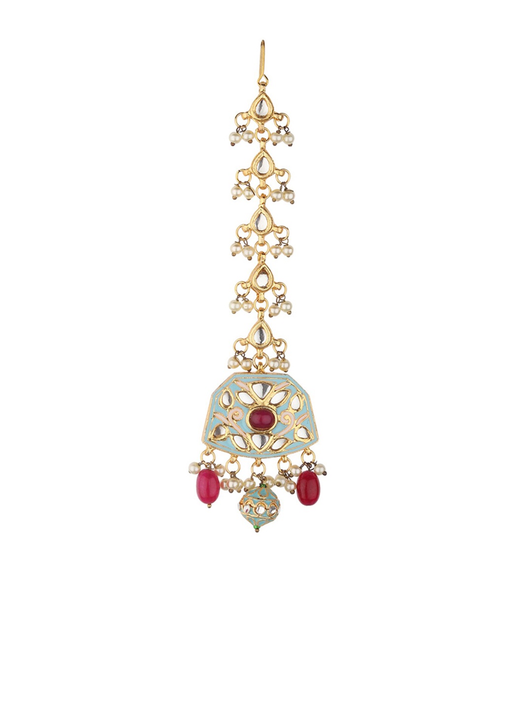 

Runjhun Gold-Plated White & Turquoise Blue Agate-Studded & Beaded Handcrafted Meenakari Maang Tikka