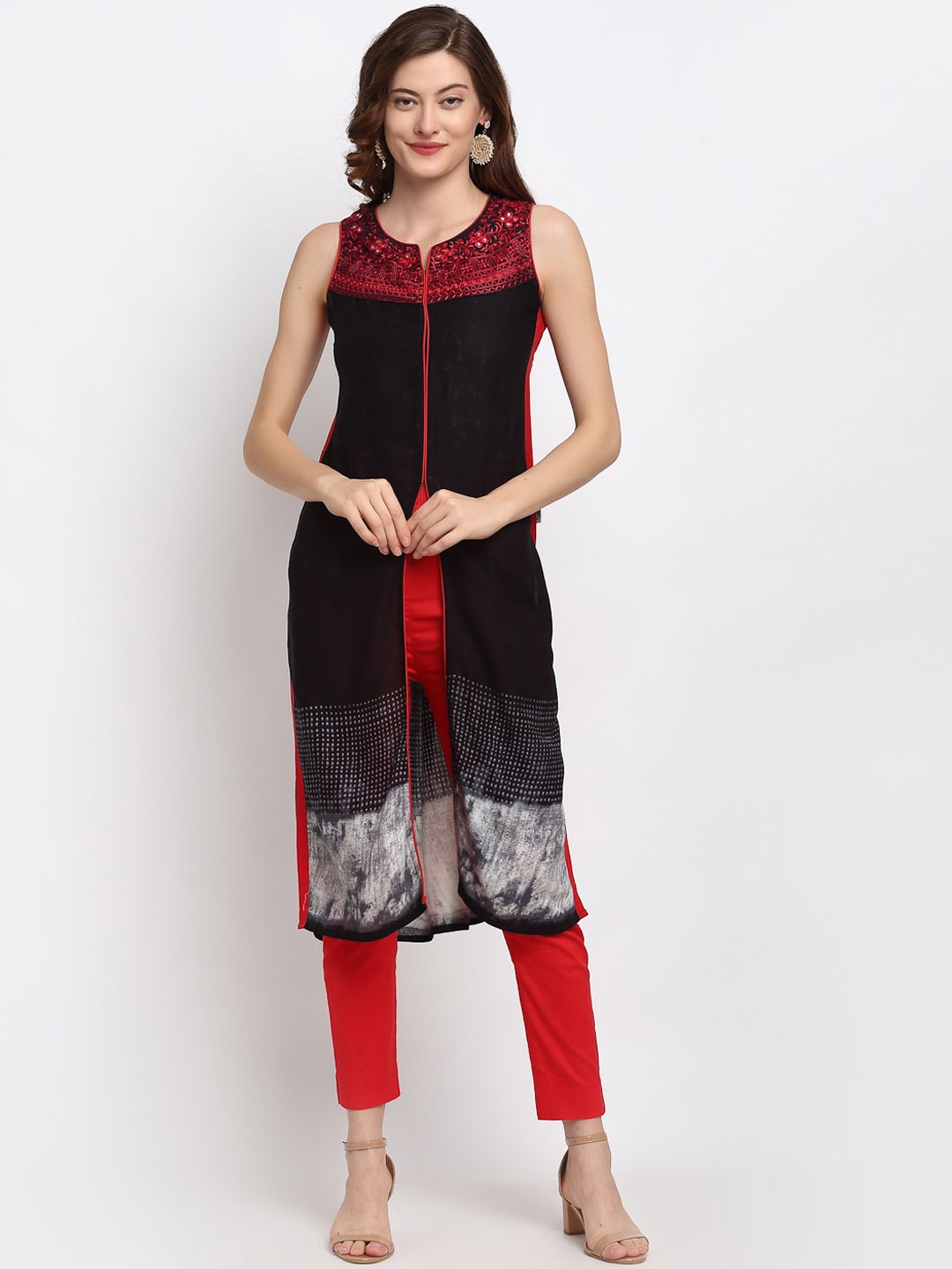 

Lovely Lady Women Black & Red Ethnic Motifs Embroidered Thread Work Kurta