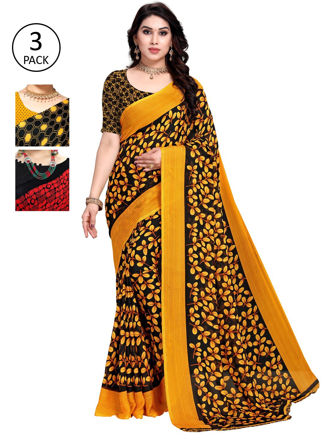 

KALINI Women Pack of 3 Printed Sarees, Yellow