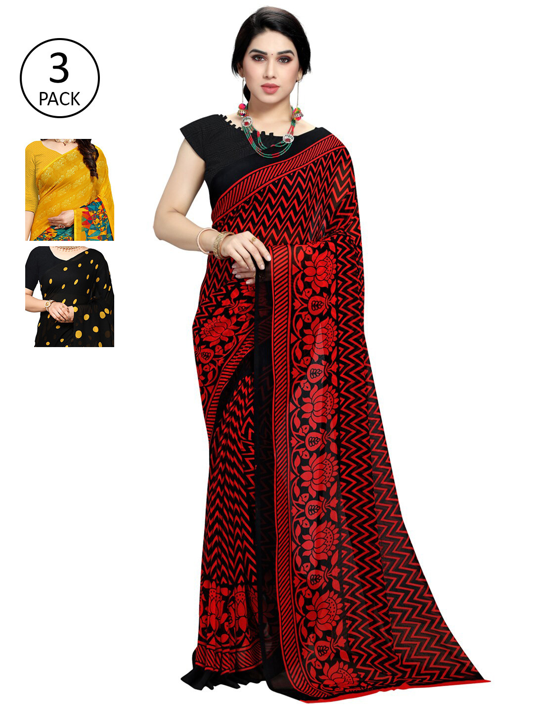 

KALINI Multicoloured Set of 3 Poly Georgette Saree, Multi