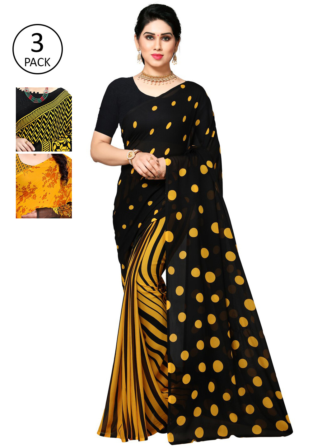 

KALINI Black & Yellow Pack of 3 Printed Saree
