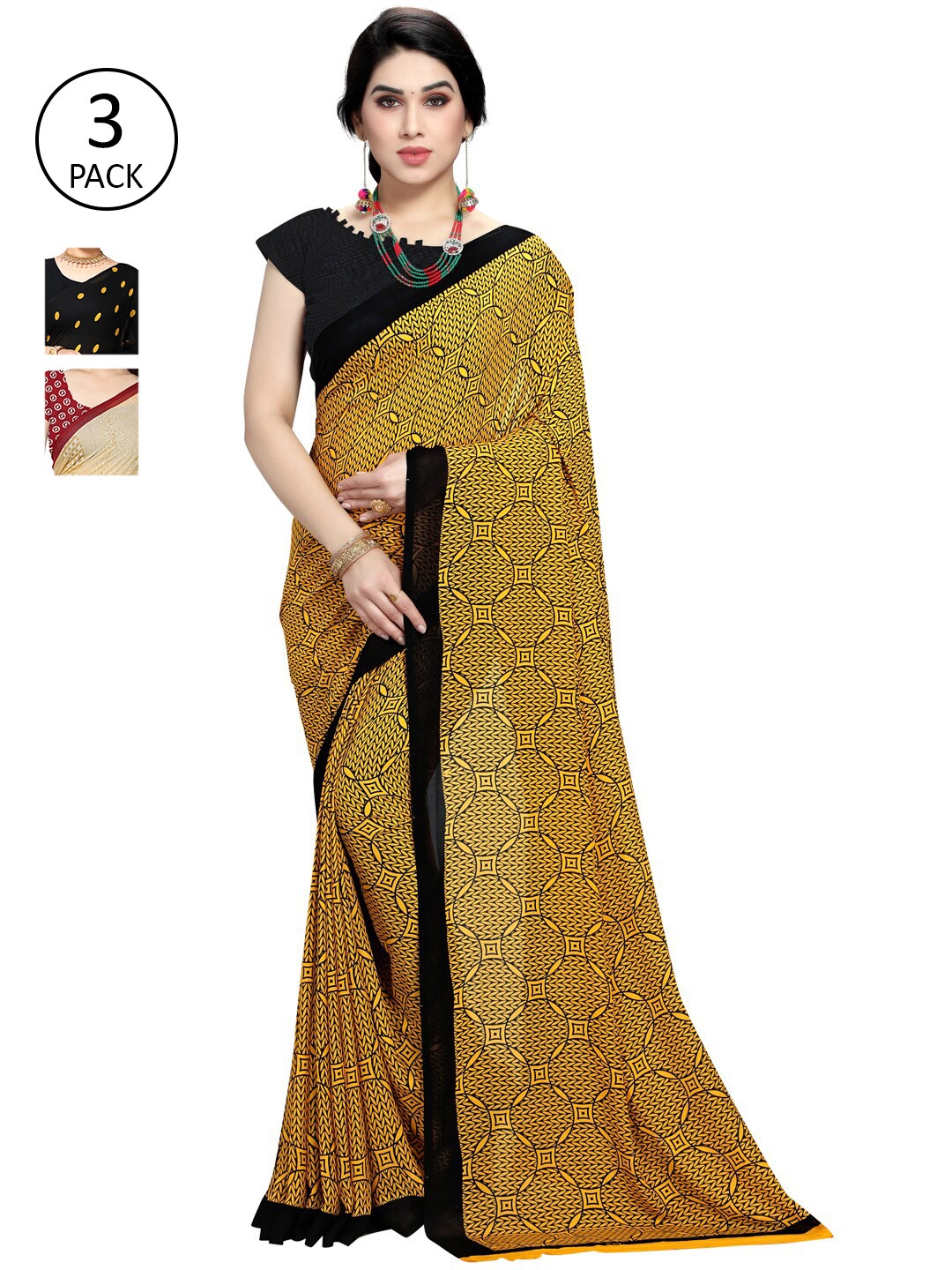 

KALINI Multicoloured Set of 3 Poly Georgette Saree, Multi