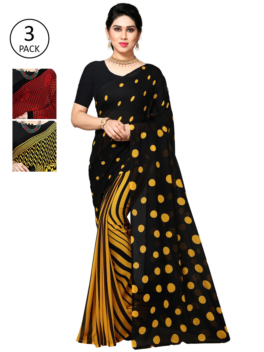 

KALINI Women Pack of 3 Printed Sarees, Red