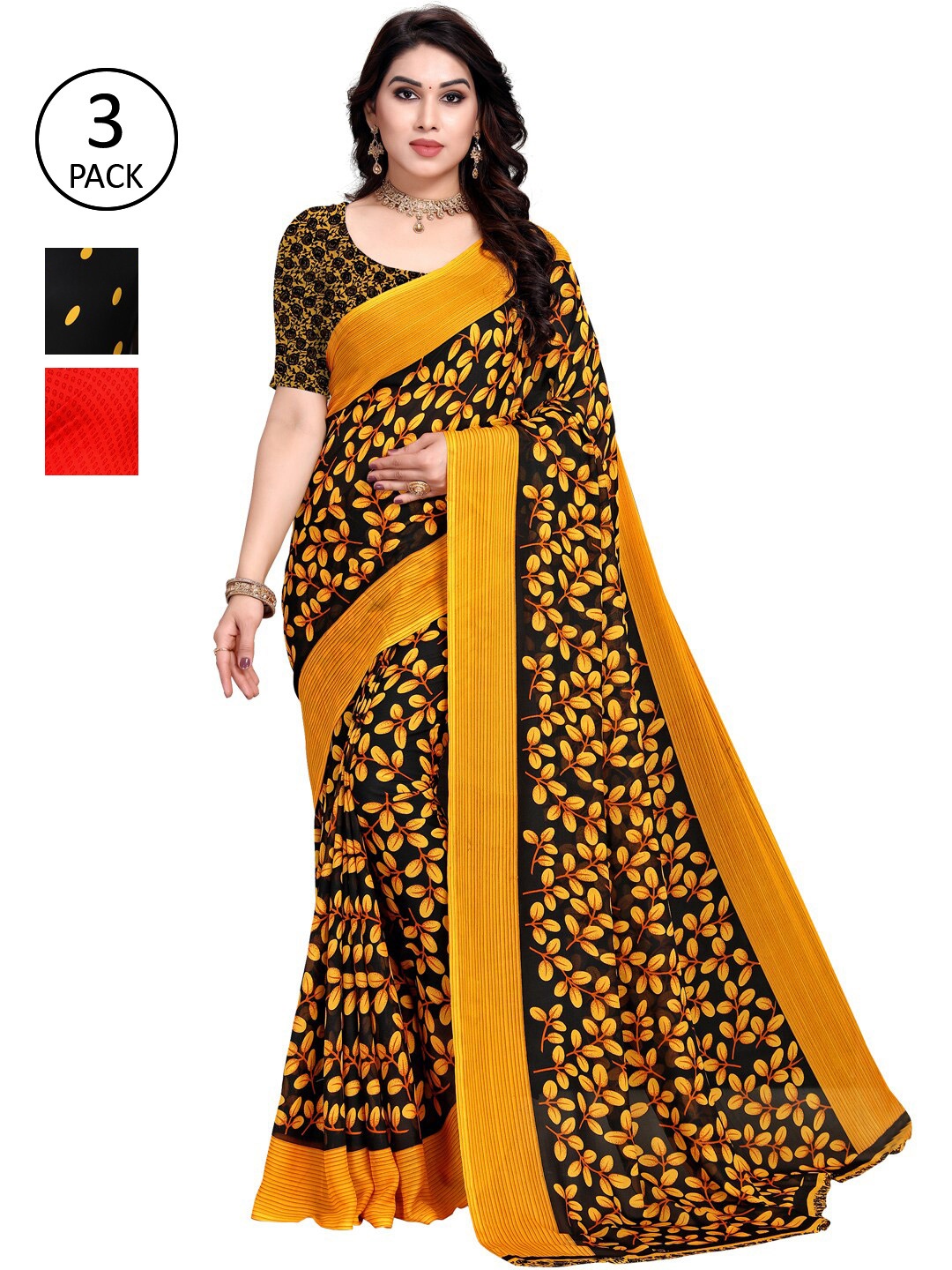 

KALINI Pack Of 3 Yellow & Black Saree