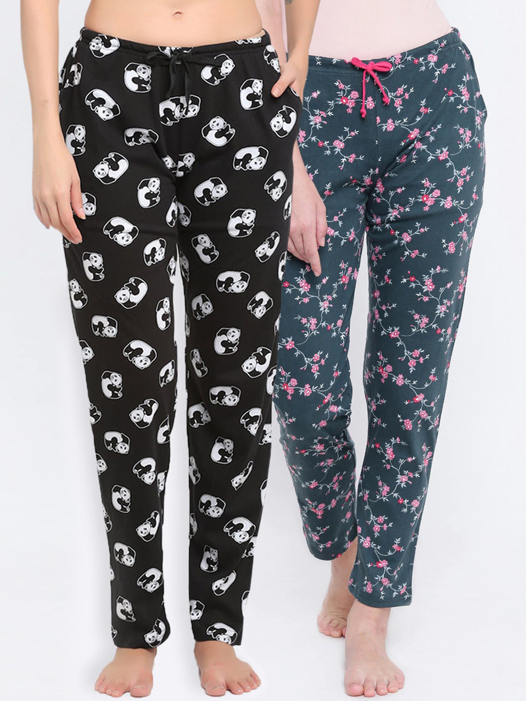 

Kanvin Women Pack Of 2 Printed Pure Cotton Lounge Pants, Black