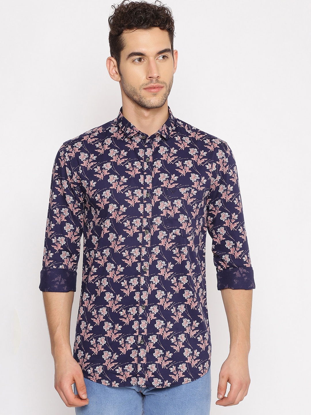 SHOWOFF Men Blue Slim Fit Floral Printed Cotton Casual Shirt