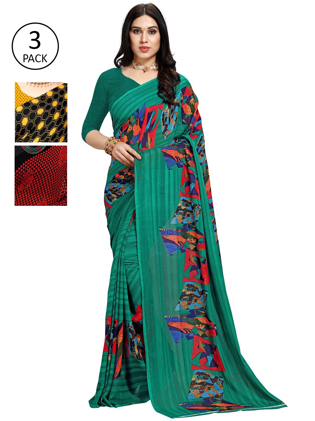 

KALINI Pack of 3 Yellow & Green Printed Saree