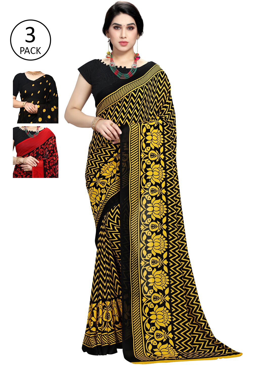 

KALINI Yellow & Red Pack of 3 Printed Saree