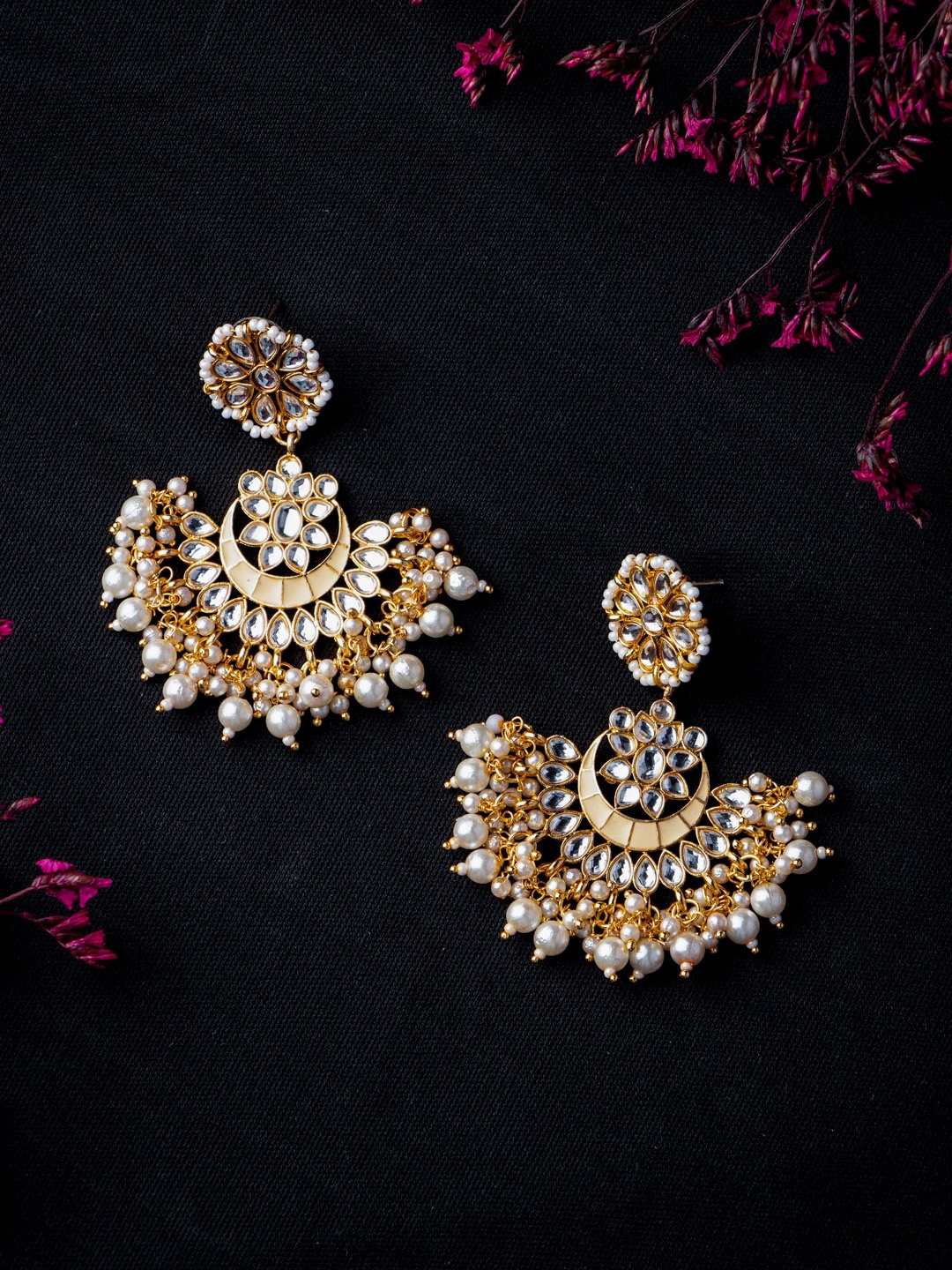 

MORKANTH JEWELLERY Peach-Coloured & Gold-Toned Contemporary Chandbali Earrings