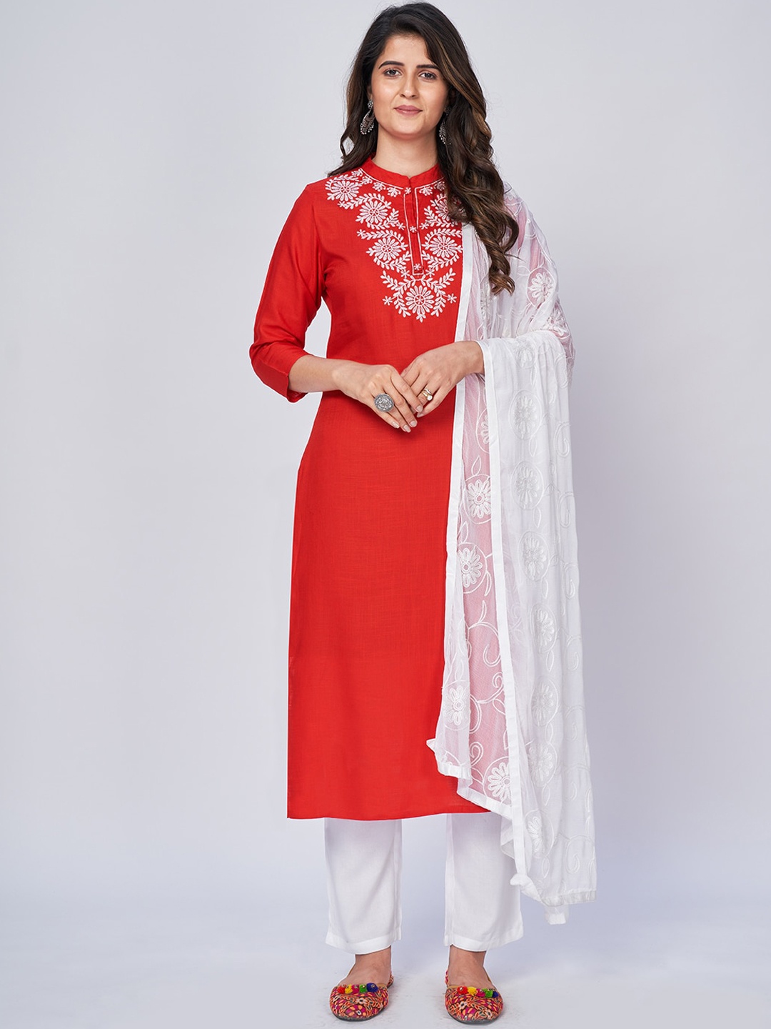 

Vbuyz Women Red Ethnic Motifs Embroidered Thread Work Kurta with Trousers & Dupatta
