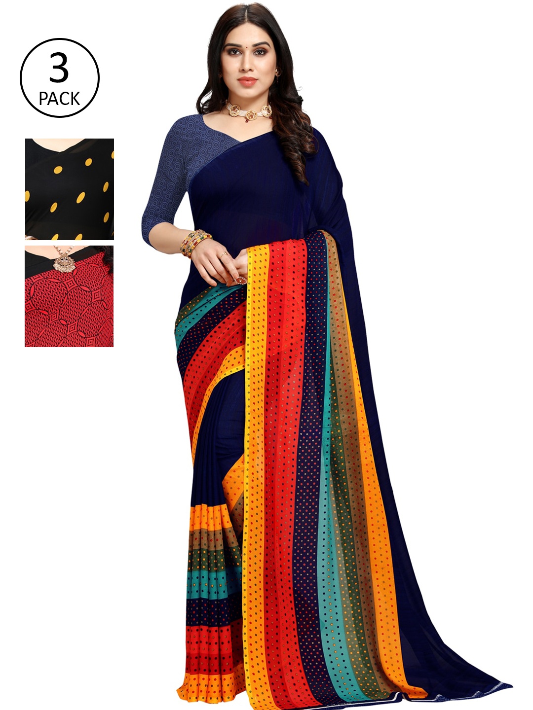 

KALINI Multicoloured Set of 3 Poly Georgette Saree, Multi