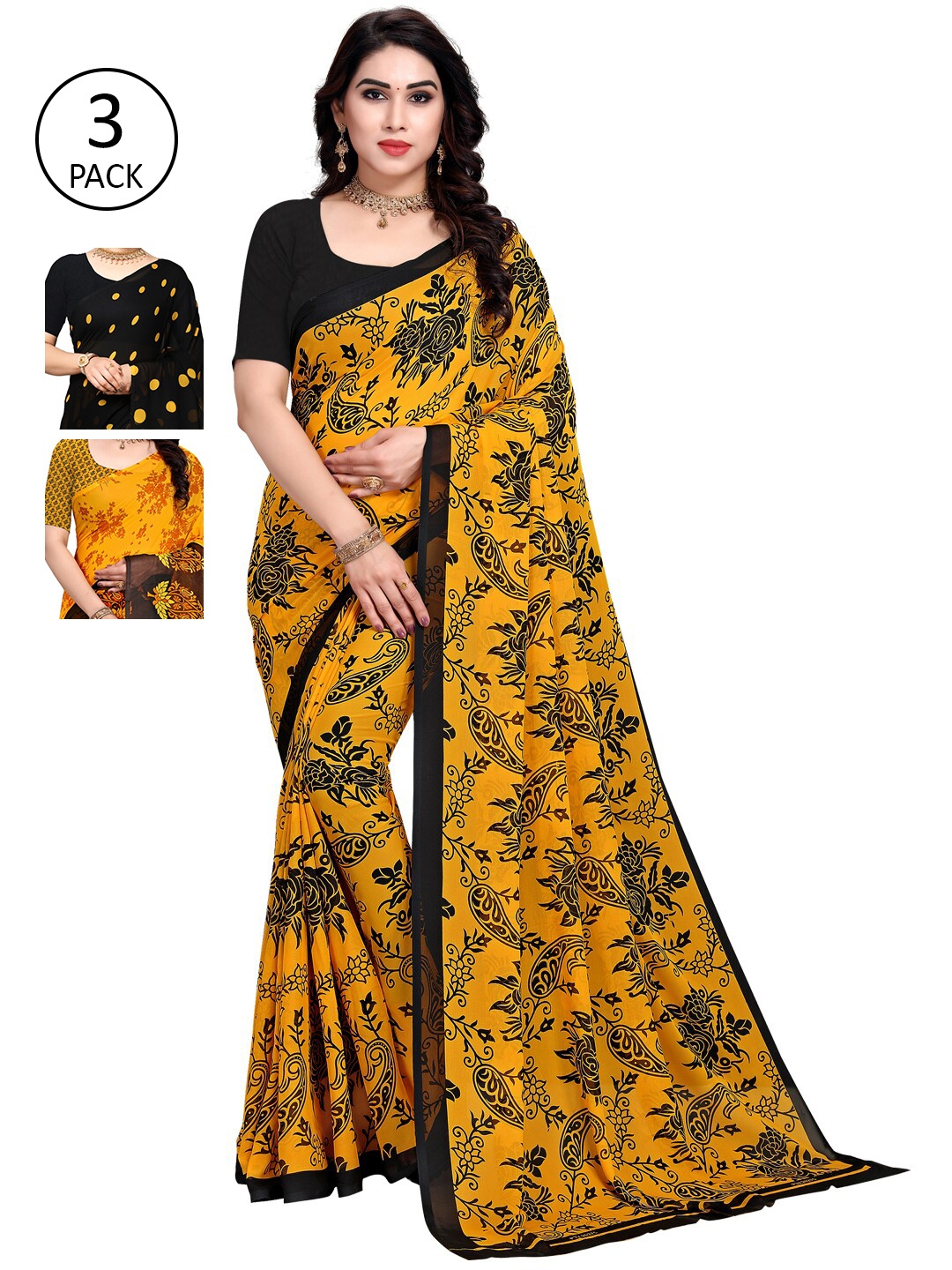 

KALINI Pack of 3 Poly Georgette Printed Sarees, Mustard