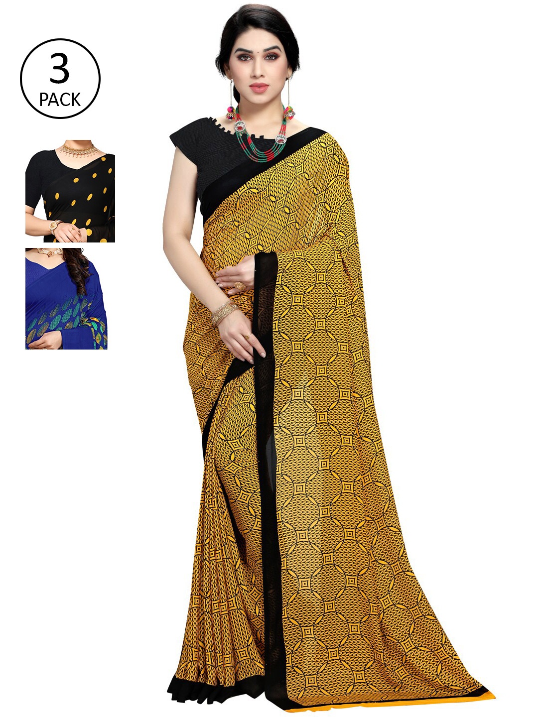 

KALINI Pack Of 3 Printed Sarees, Black