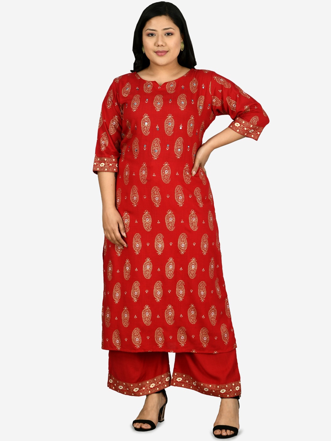 

PrettyPlus by Desinoor.com Women Red Floral Printed Straight Kurta with Palazzos