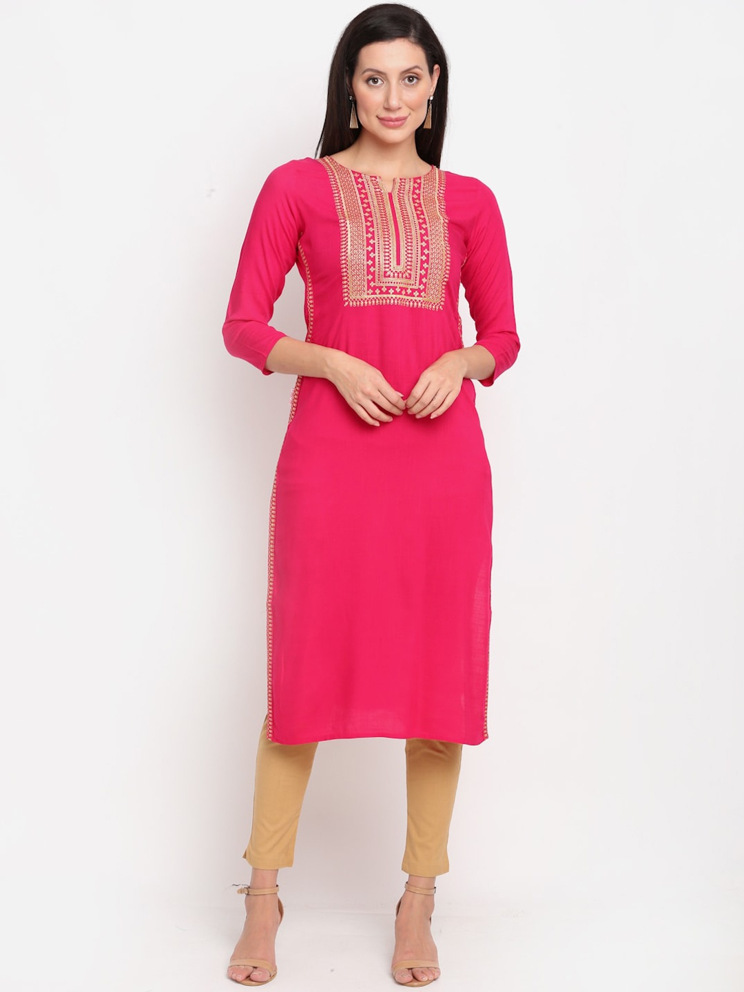 

Lovely Lady Women Magenta & Gold Coloured Thread Work Yoke Design Straight Kurta