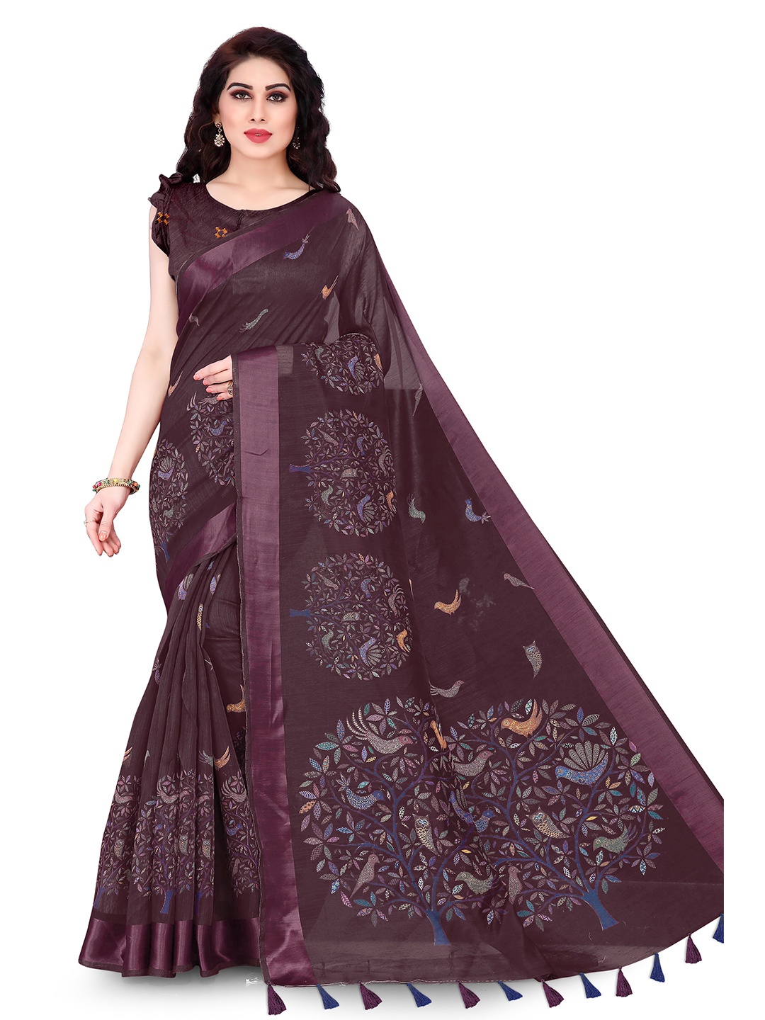 

KALINI Burgundy & Blue Ethnic Motifs Baluchari Saree