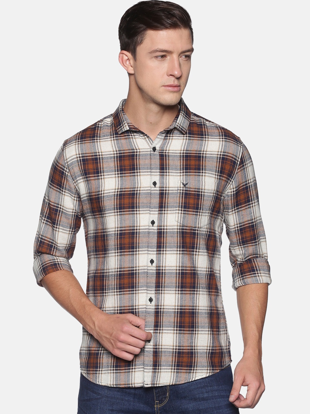 SHOWOFF Men Beige Comfort Slim Fit Checked Casual Shirt