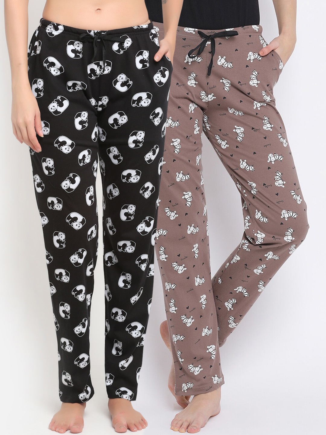 

Kanvin Women Pack Of 2 Printed Pure Cotton Lounge Pants, Black