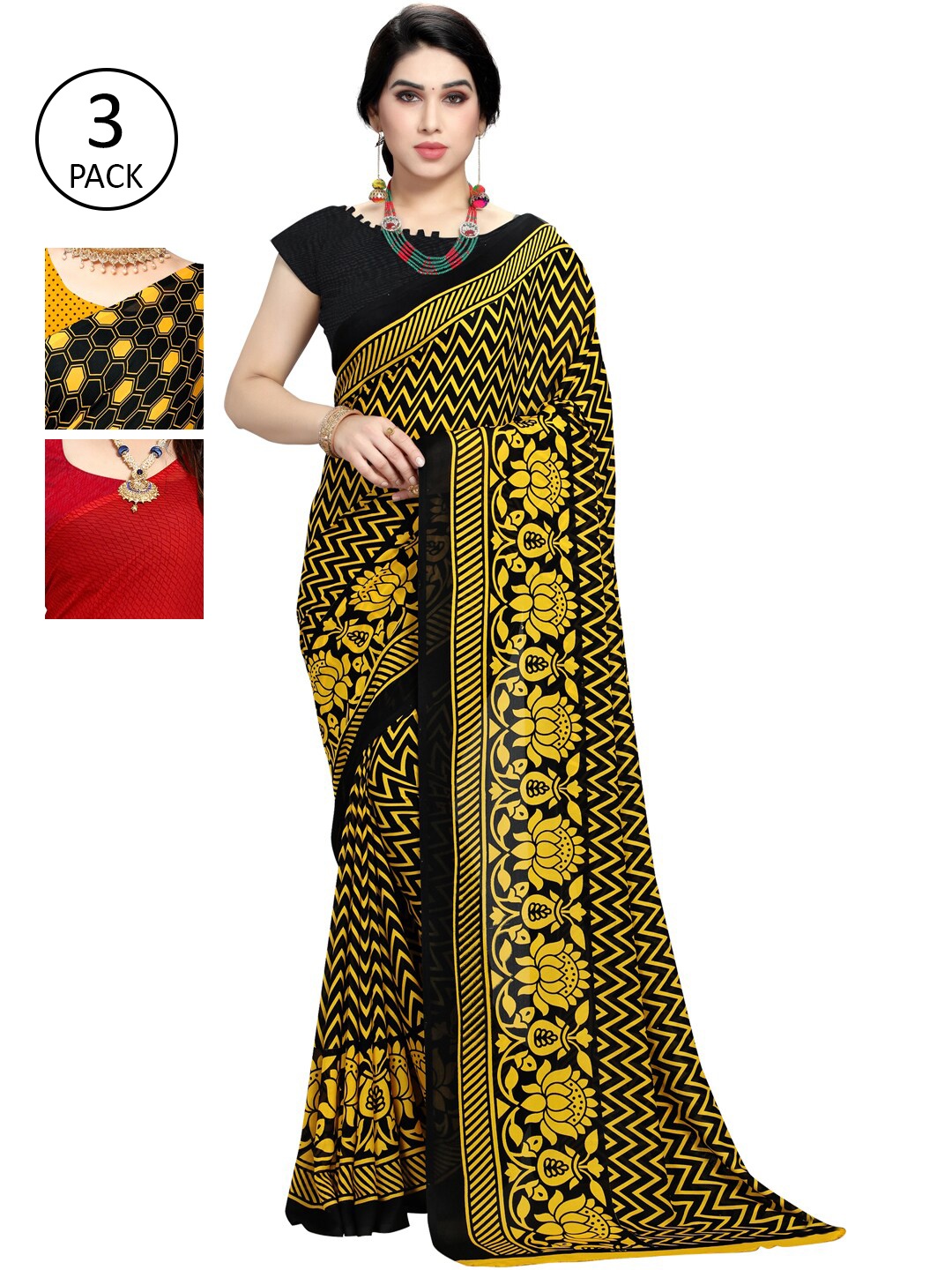 

KALINI Pack Of 3 Red & Yellow Saree