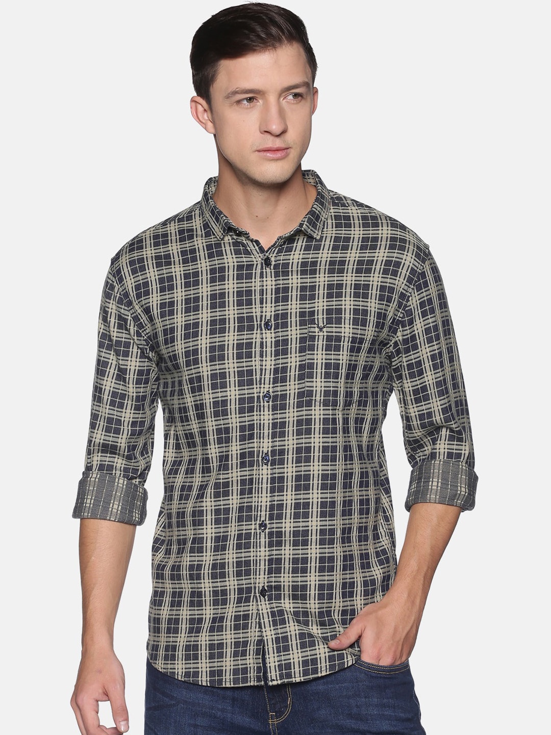 

SHOWOFF Men Grey Comfort Slim Fit Checked Casual Shirt